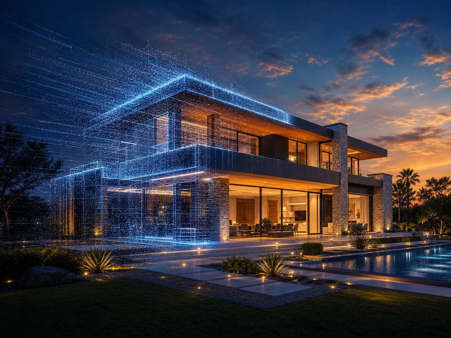 AI Cinematic Property Walkthrough concept with a luxury home and digital transformation effect